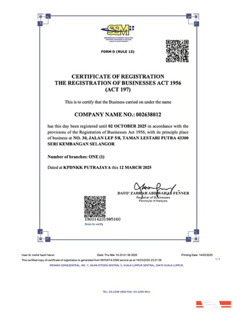 Malaysia certificate of registration Word and PDF template